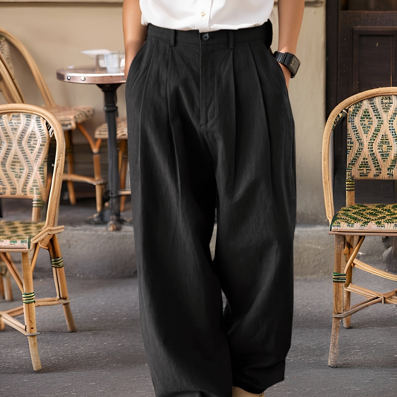 Homme Pantalon Large Vintage à Pinces et Taille Haute