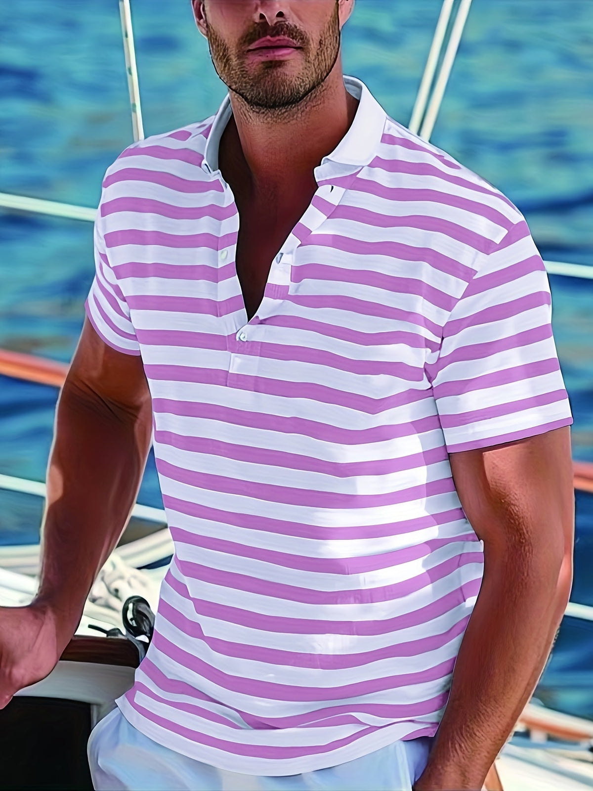 Homme Polo à Manches Courtes Rayé avec Col à Revers