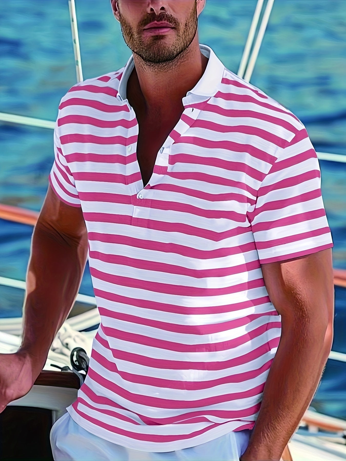 Homme Polo à Manches Courtes Rayé avec Col à Revers