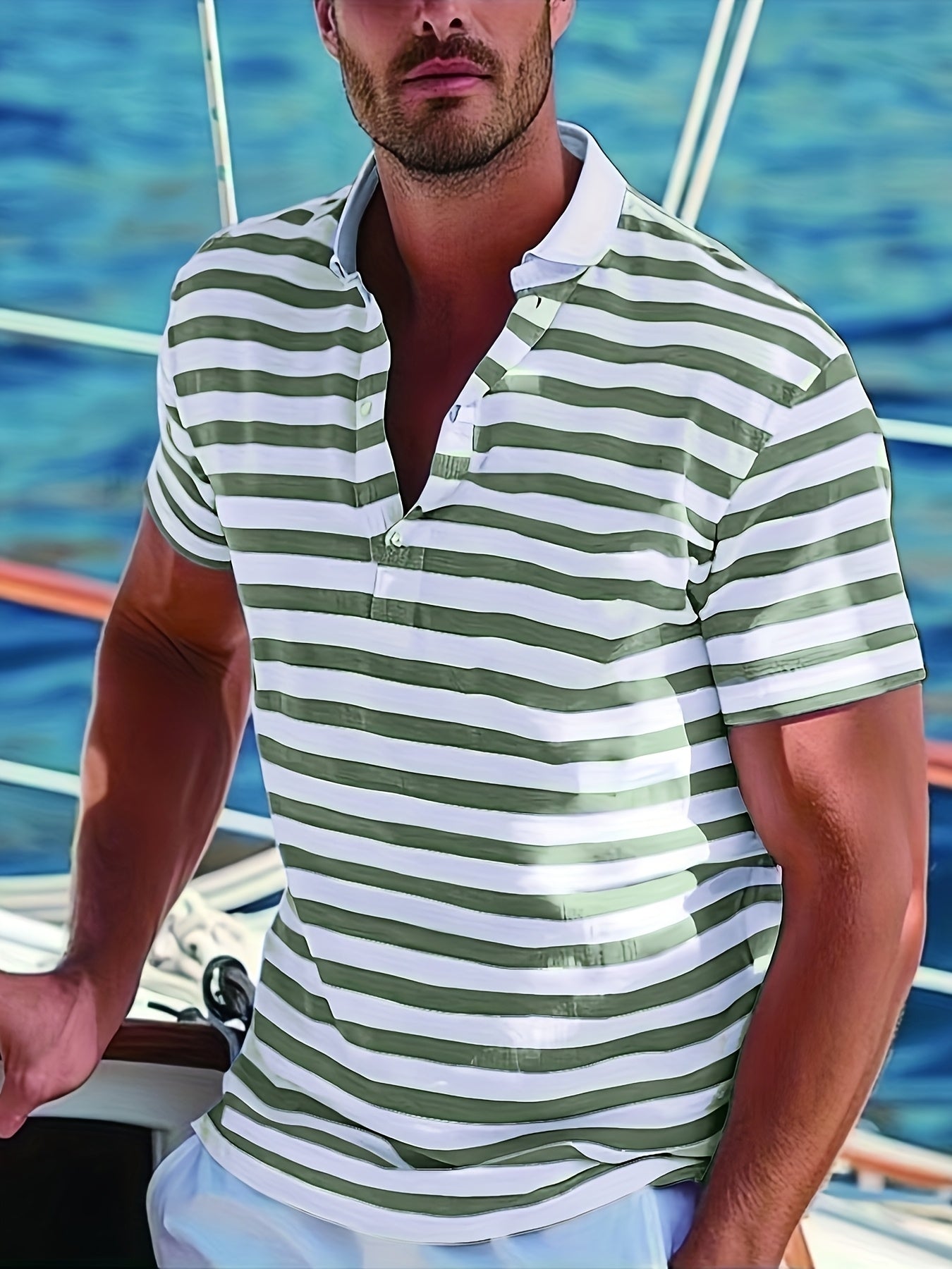 Homme Polo à Manches Courtes Rayé avec Col à Revers