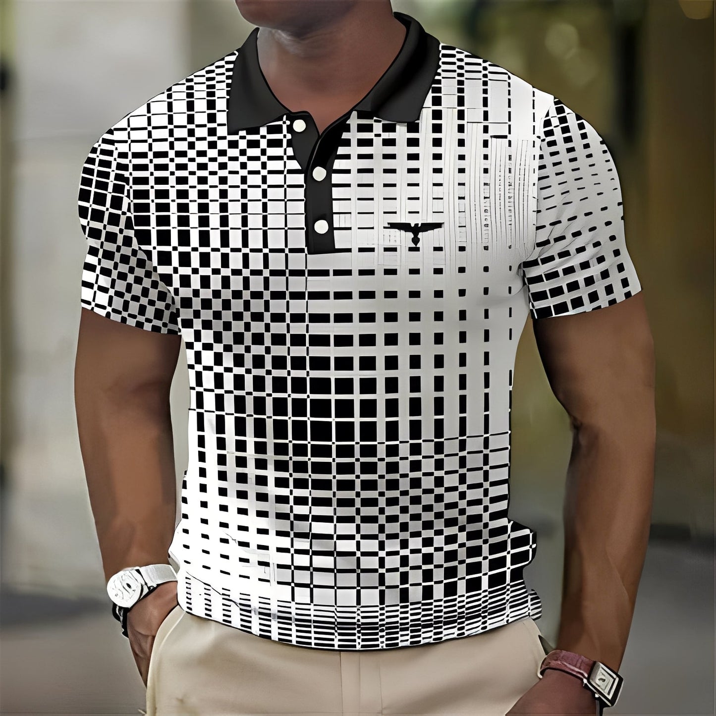 Homme Polo Manches Courtes à Motif Géométrique et Col Classique