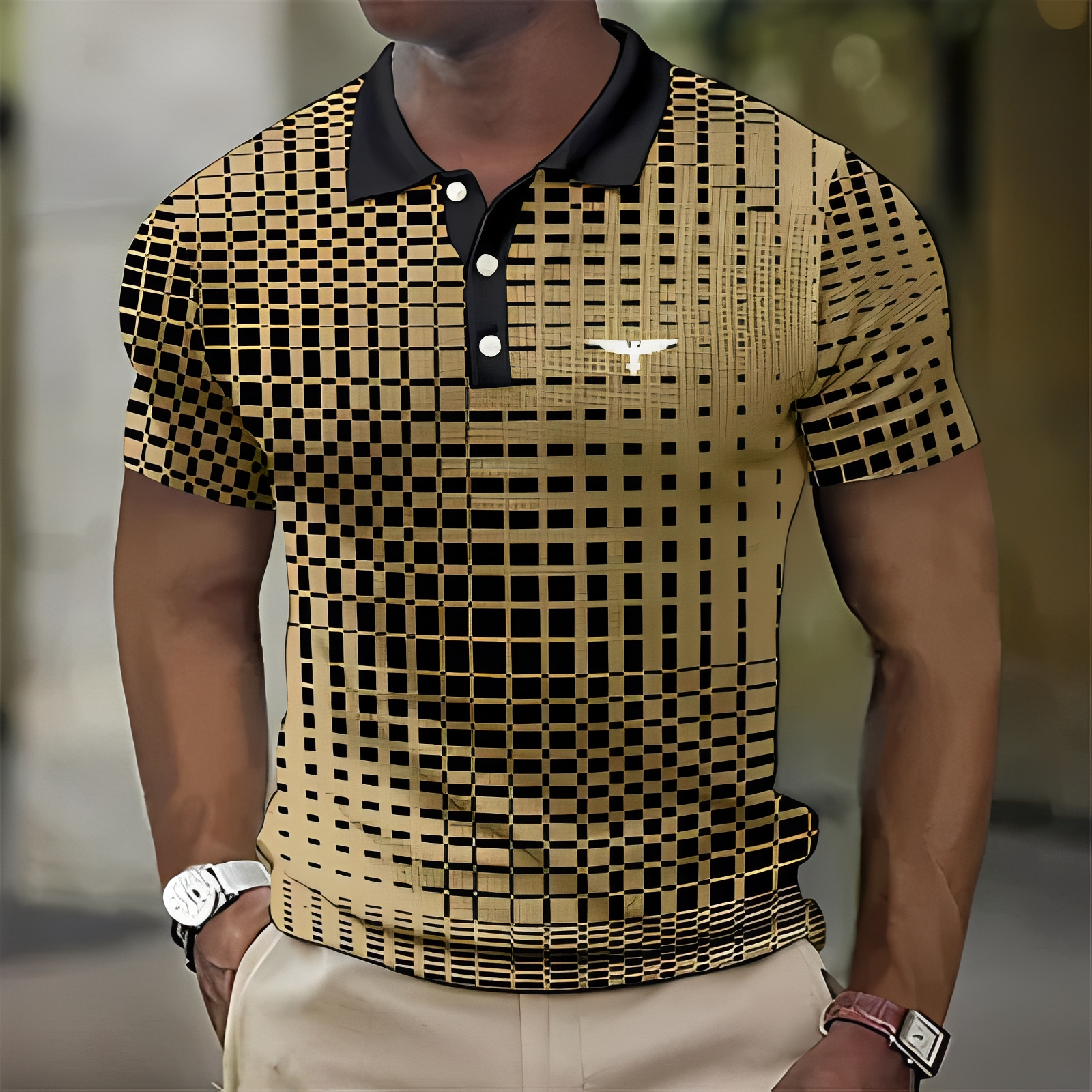 Homme Polo Manches Courtes à Motif Géométrique et Col Classique