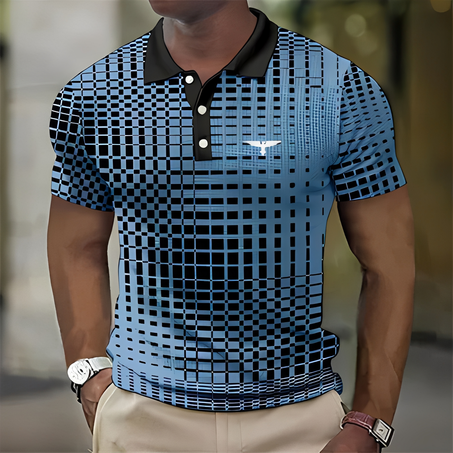 Homme Polo Manches Courtes à Motif Géométrique et Col Classique