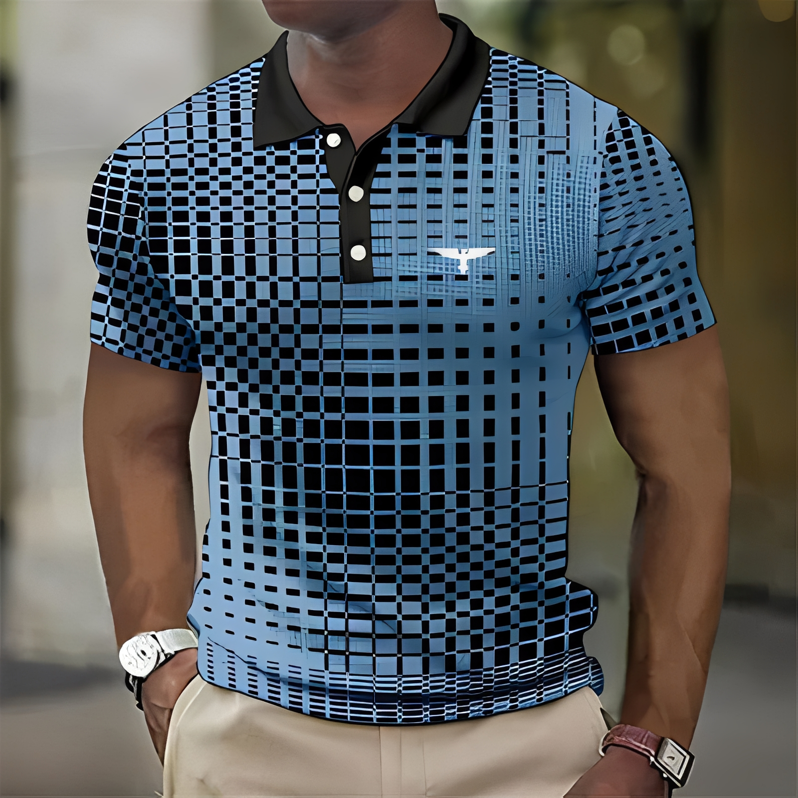 Homme Polo Manches Courtes à Motif Géométrique et Col Classique