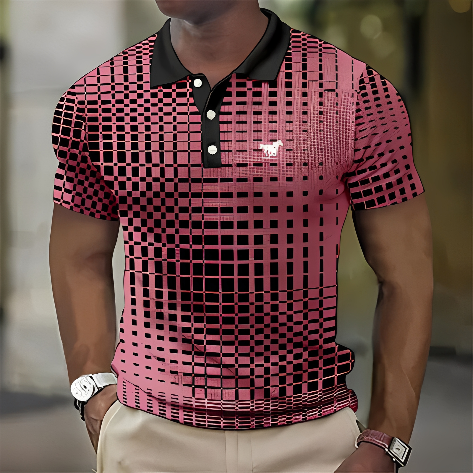 Homme Polo Manches Courtes à Motif Géométrique et Col Classique