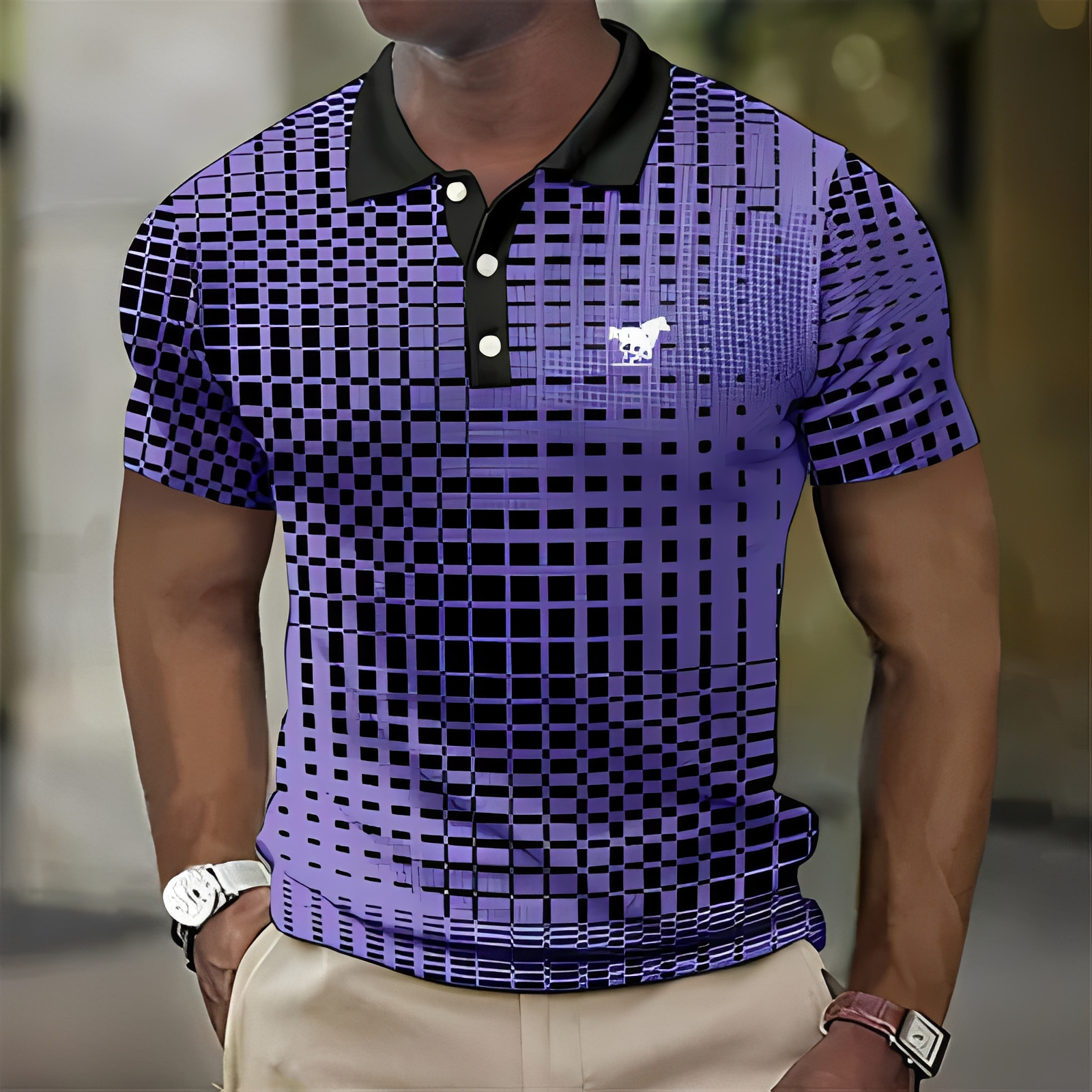 Homme Polo Manches Courtes à Motif Géométrique et Col Classique