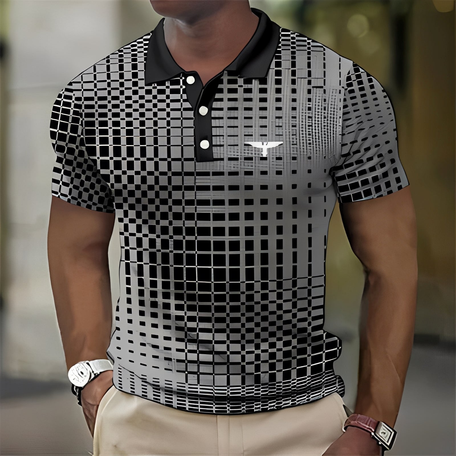 Homme Polo Manches Courtes à Motif Géométrique et Col Classique