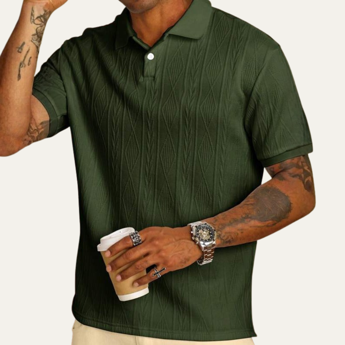 Homme Polo Manches Courtes avec Col Boutonné et Motif Texturé