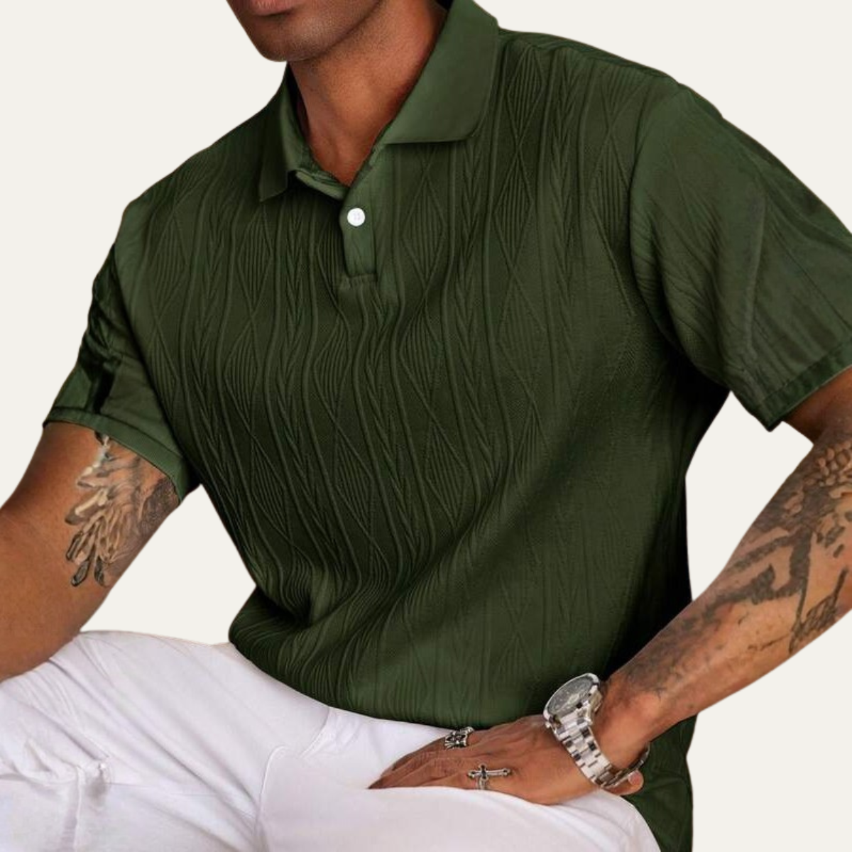 Homme Polo Manches Courtes avec Col Boutonné et Motif Texturé