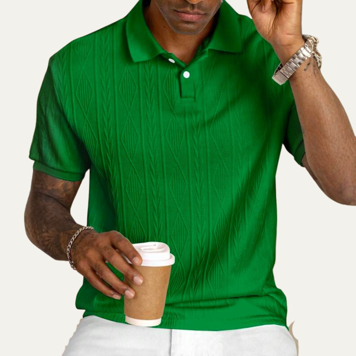 Homme Polo Manches Courtes avec Col Boutonné et Motif Texturé