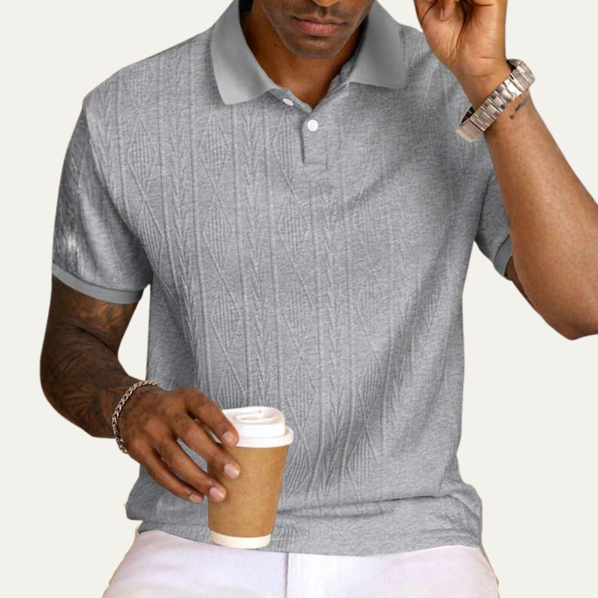 Homme Polo Manches Courtes avec Col Boutonné et Motif Texturé