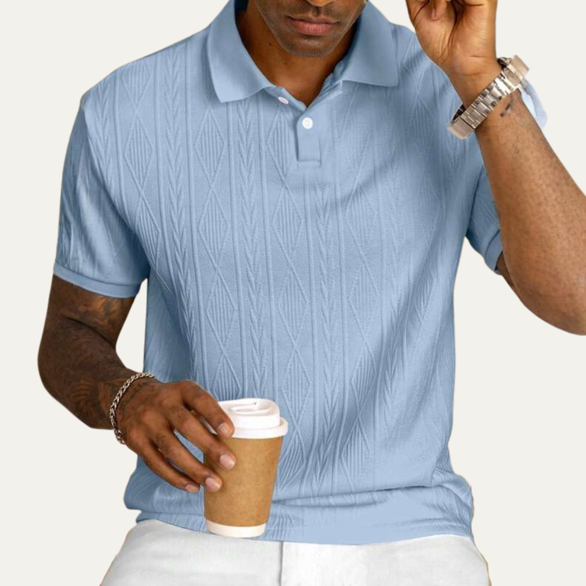 Homme Polo Manches Courtes avec Col Boutonné et Motif Texturé