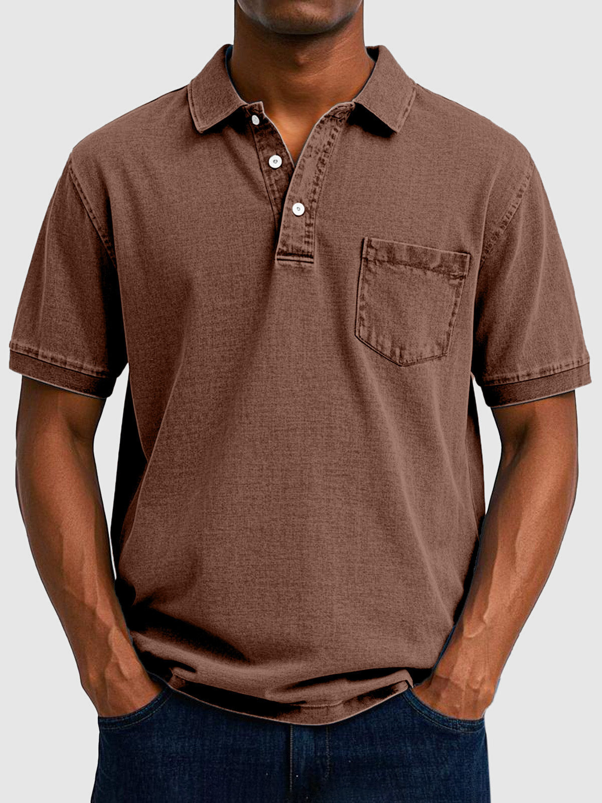 Homme Polo Manches Courtes avec Col Boutonné et Poche Poitrine