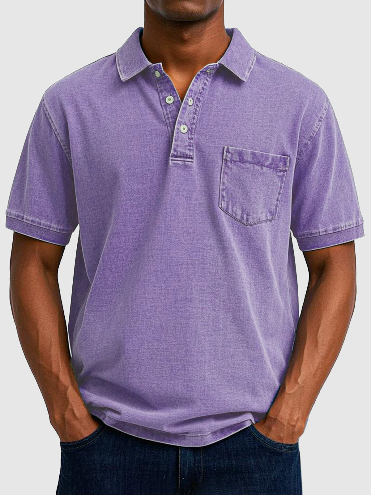 Homme Polo Manches Courtes avec Col Boutonné et Poche Poitrine