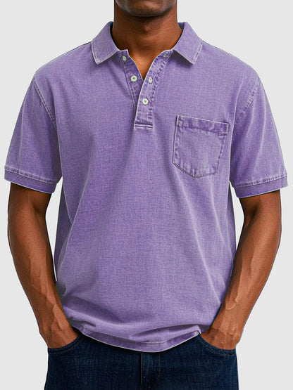 Homme Polo Manches Courtes avec Col Boutonné et Poche Poitrine
