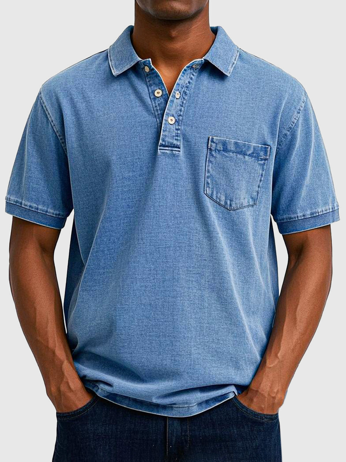 Homme Polo Manches Courtes avec Col Boutonné et Poche Poitrine