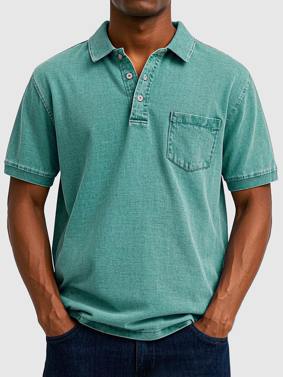 Homme Polo Manches Courtes avec Col Boutonné et Poche Poitrine