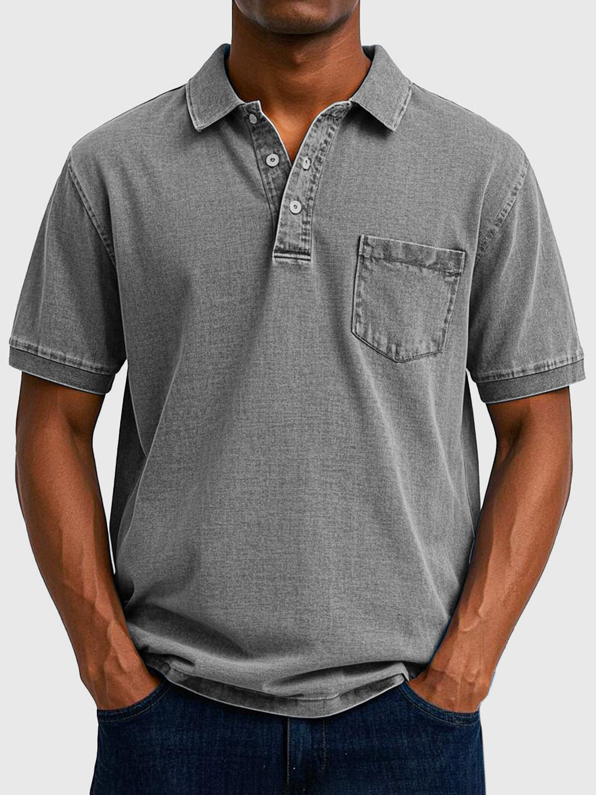 Homme Polo Manches Courtes avec Col Boutonné et Poche Poitrine