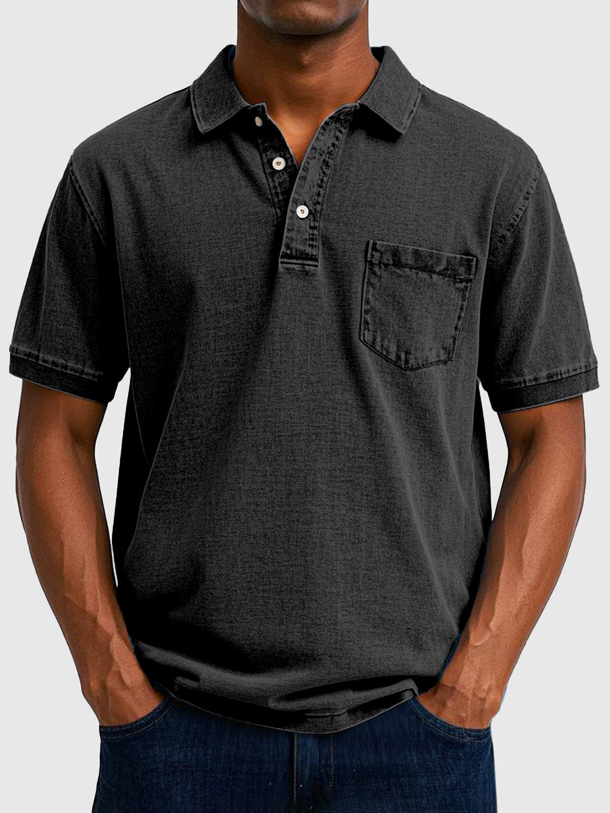 Homme Polo Manches Courtes avec Col Boutonné et Poche Poitrine