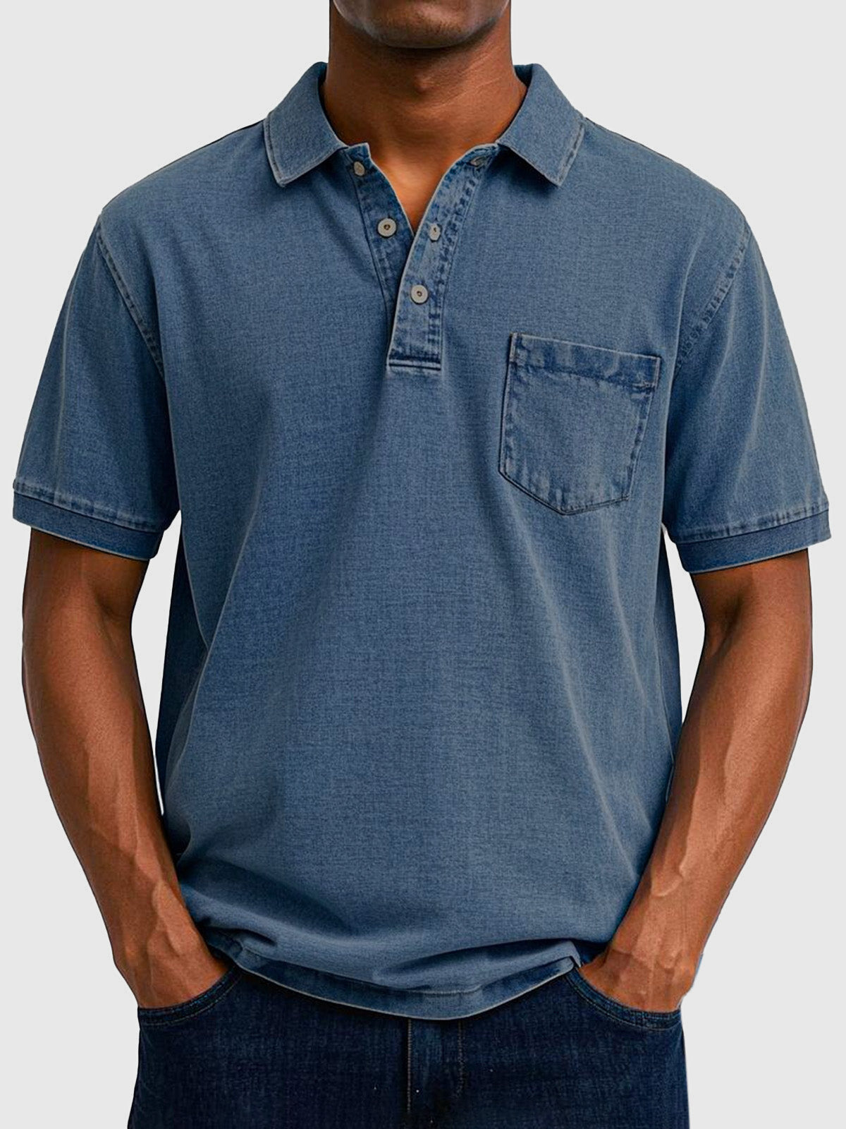 Homme Polo Manches Courtes avec Col Boutonné et Poche Poitrine