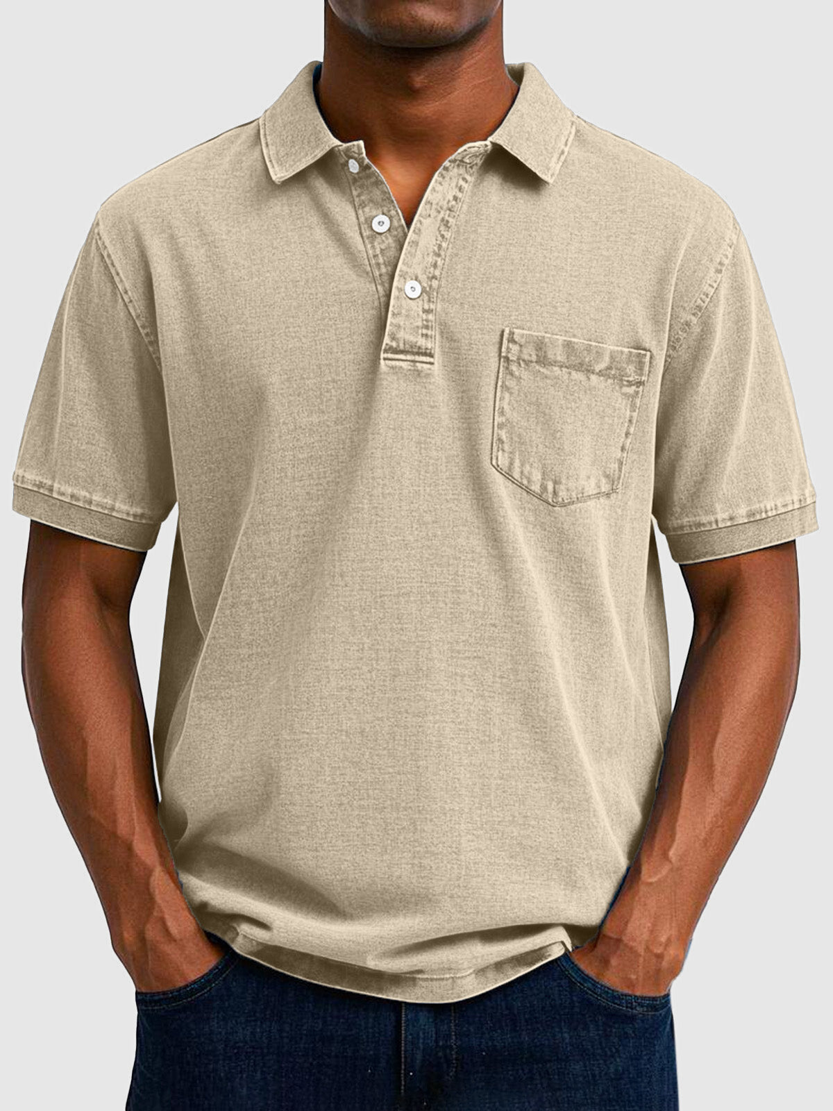 Homme Polo Manches Courtes avec Col Boutonné et Poche Poitrine