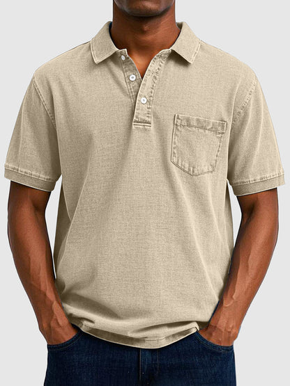 Homme Polo Manches Courtes avec Col Boutonné et Poche Poitrine