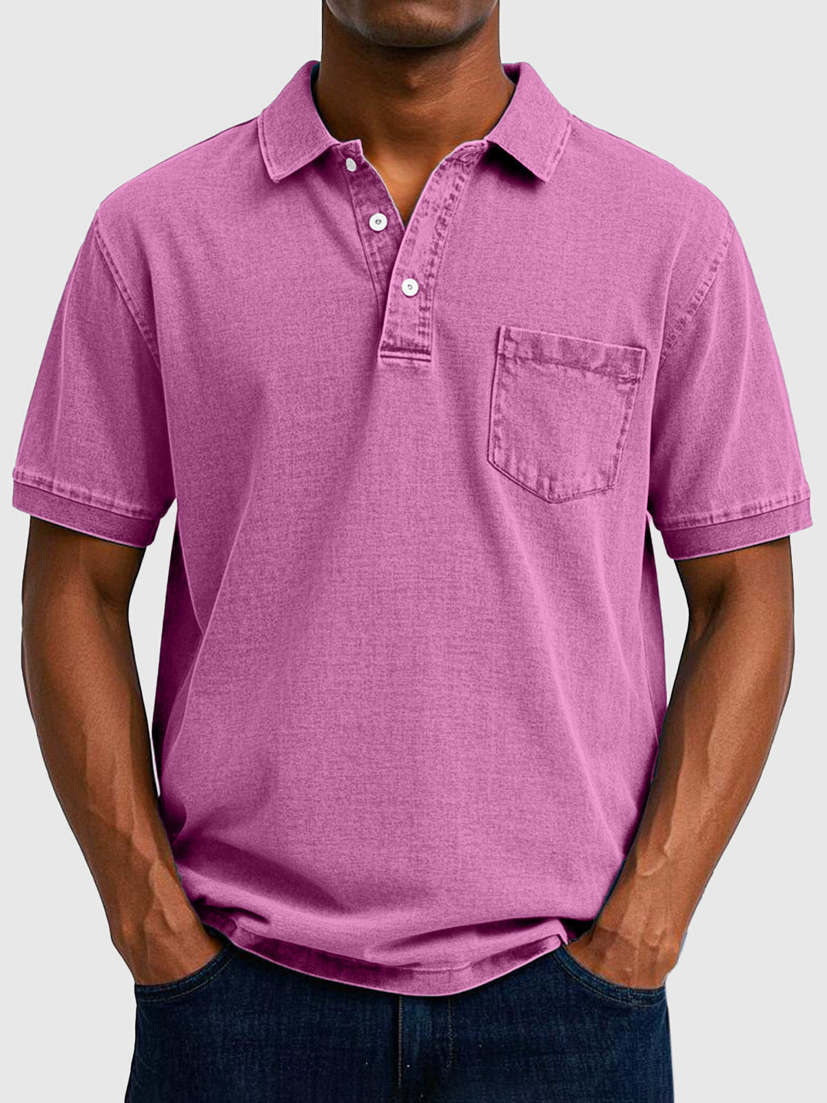 Homme Polo Manches Courtes avec Col Boutonné et Poche Poitrine