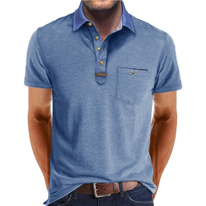 Homme Polo Manches Courtes avec Col Contrasté et Poche Poitrine