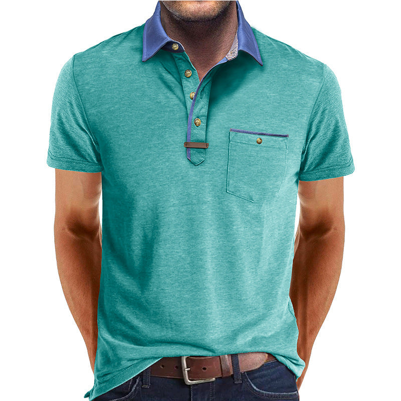 Homme Polo Manches Courtes avec Col Contrasté et Poche Poitrine