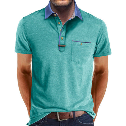 Homme Polo Manches Courtes avec Col Contrasté et Poche Poitrine
