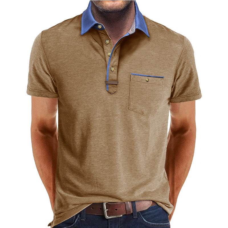 Homme Polo Manches Courtes avec Col Contrasté et Poche Poitrine