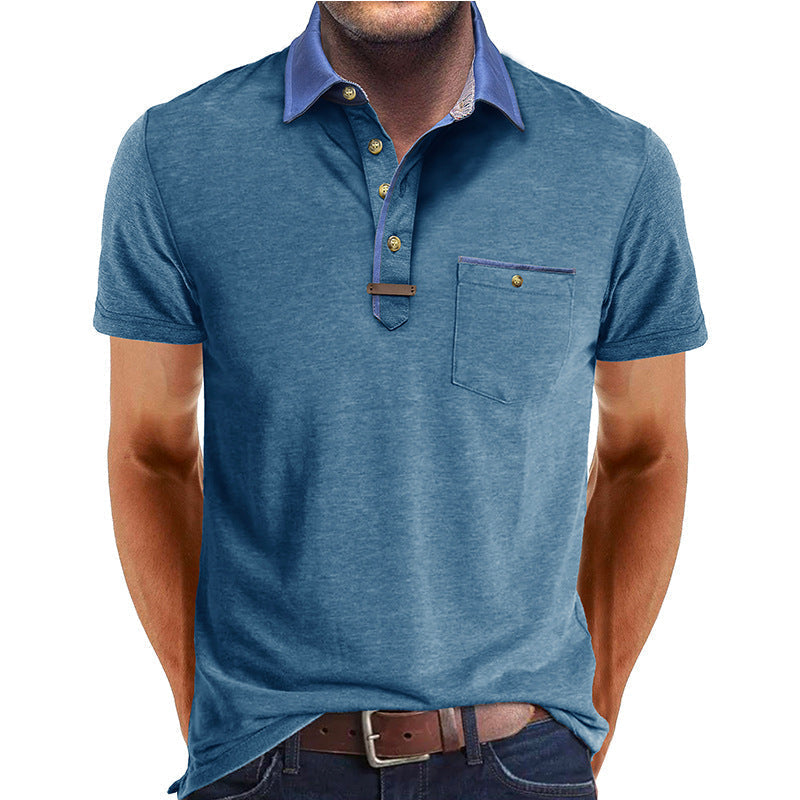 Homme Polo Manches Courtes avec Col Contrasté et Poche Poitrine