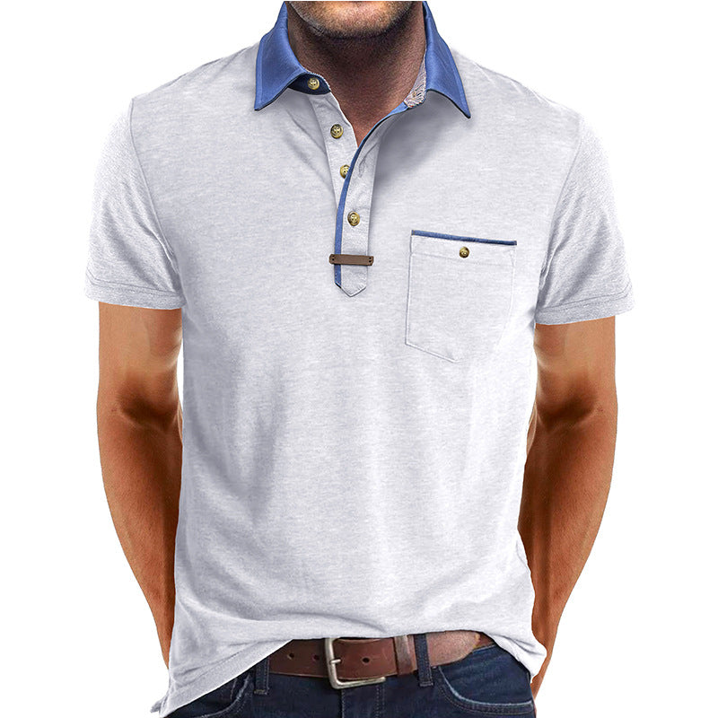 Homme Polo Manches Courtes avec Col Contrasté et Poche Poitrine