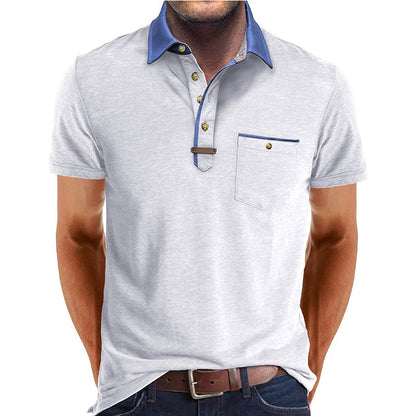 Homme Polo Manches Courtes avec Col Contrasté et Poche Poitrine