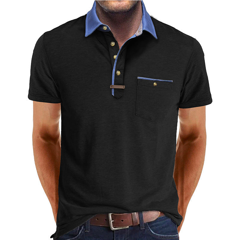 Homme Polo Manches Courtes avec Col Contrasté et Poche Poitrine