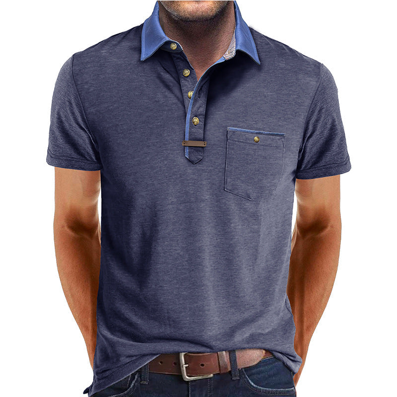 Homme Polo Manches Courtes avec Col Contrasté et Poche Poitrine