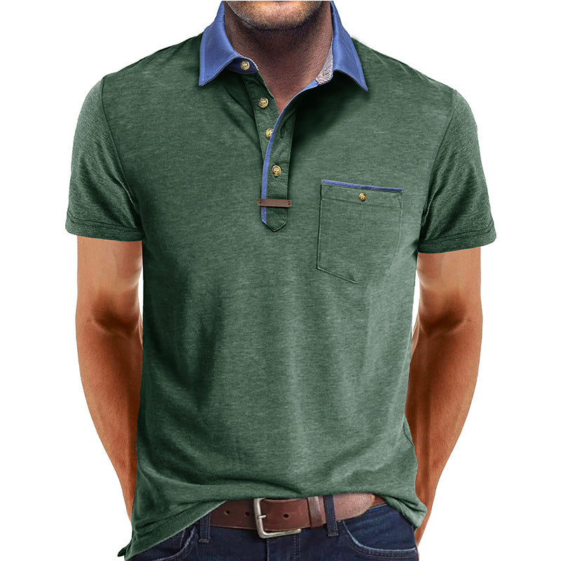 Homme Polo Manches Courtes avec Col Contrasté et Poche Poitrine