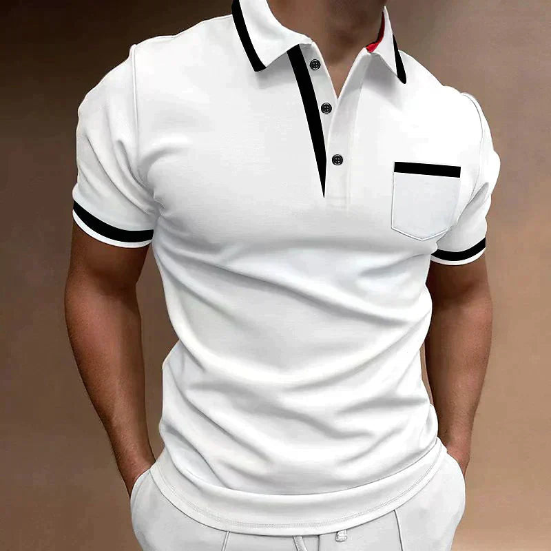 Homme Polo Manches Courtes avec Poche Poitrine et Col Boutonné
