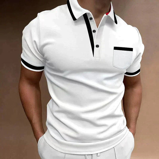 Homme Polo Manches Courtes avec Poche Poitrine et Col Boutonné
