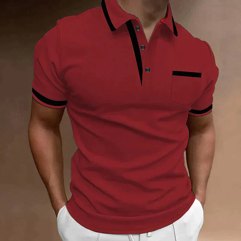 Homme Polo Manches Courtes avec Poche Poitrine et Col Boutonné