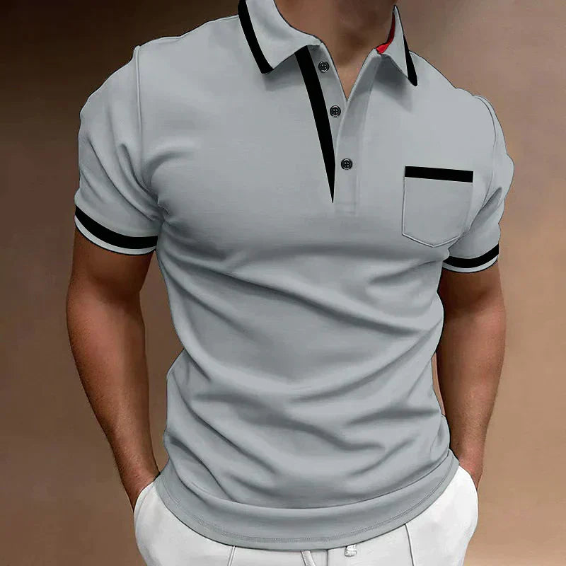 Homme Polo Manches Courtes avec Poche Poitrine et Col Boutonné