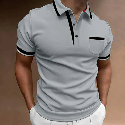 Homme Polo Manches Courtes avec Poche Poitrine et Col Boutonné
