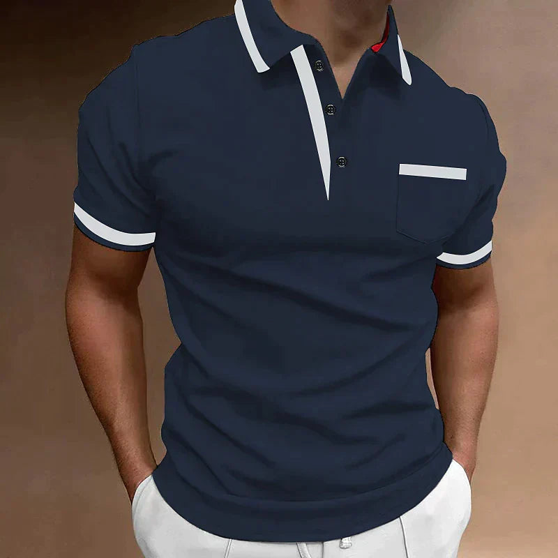 Homme Polo Manches Courtes avec Poche Poitrine et Col Boutonné