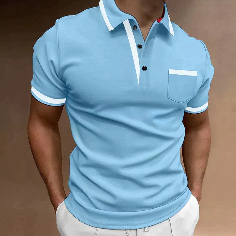 Homme Polo Manches Courtes avec Poche Poitrine et Col Boutonné
