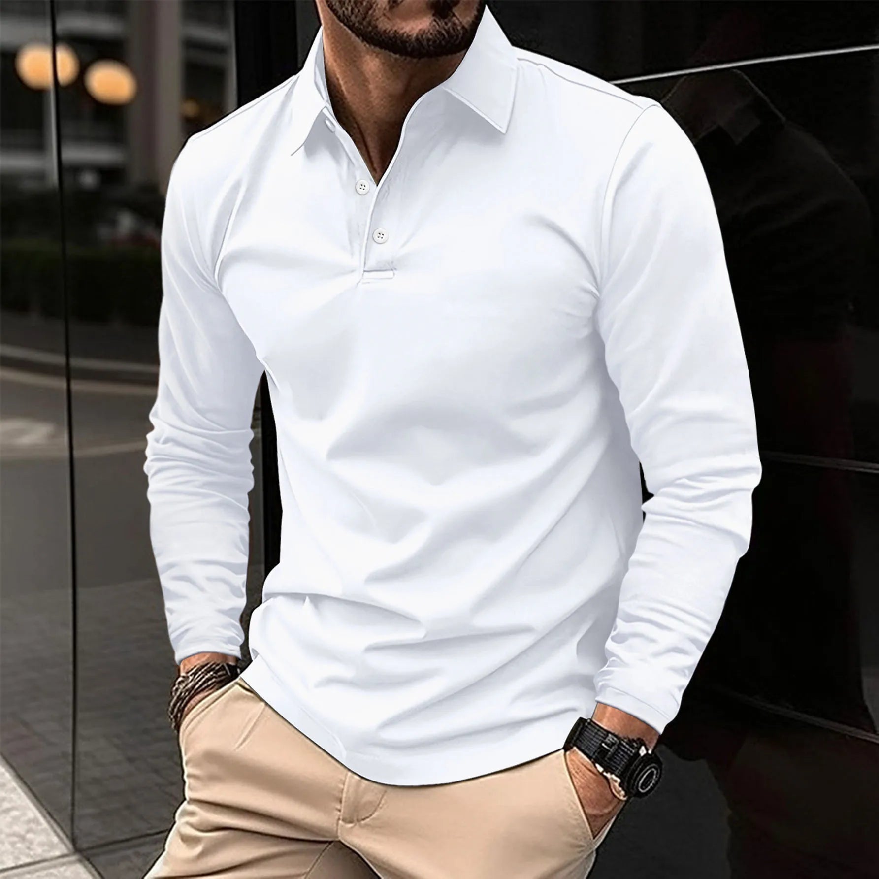 Homme Polo Manches Longues avec Col Classique Slim Fit