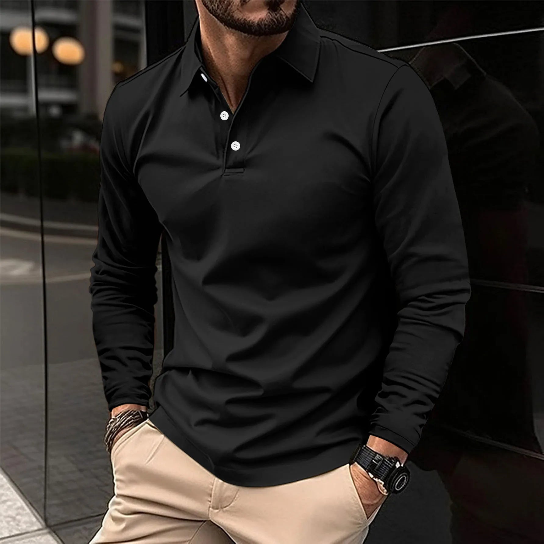 Homme Polo Manches Longues avec Col Classique Slim Fit