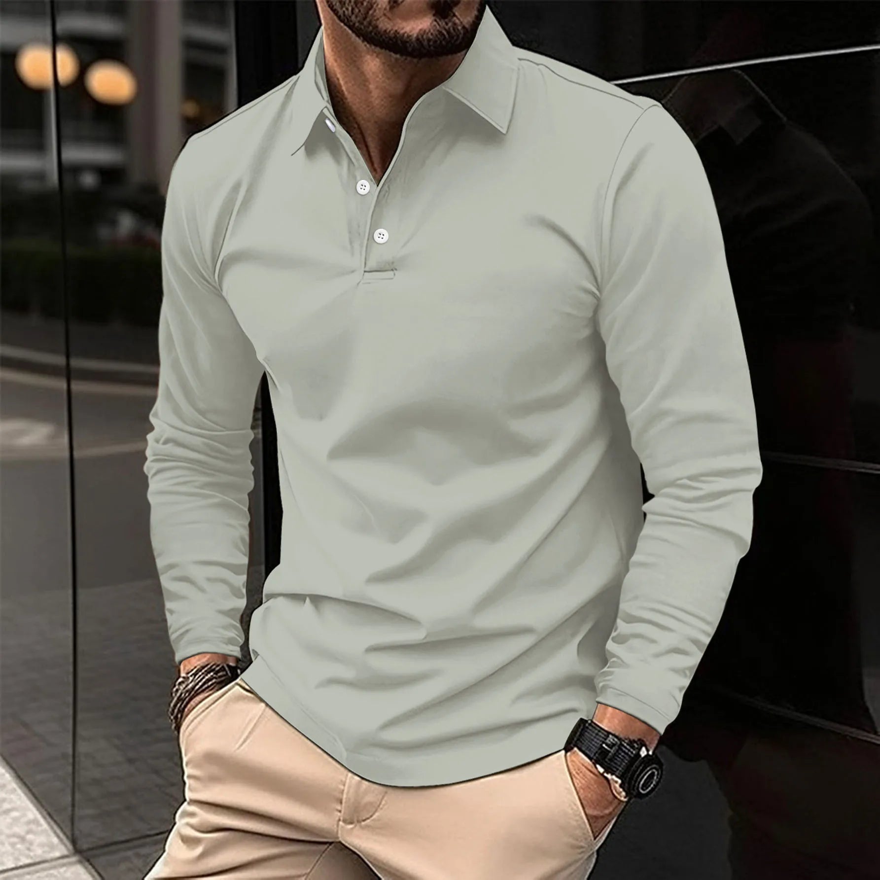 Homme Polo Manches Longues avec Col Classique Slim Fit