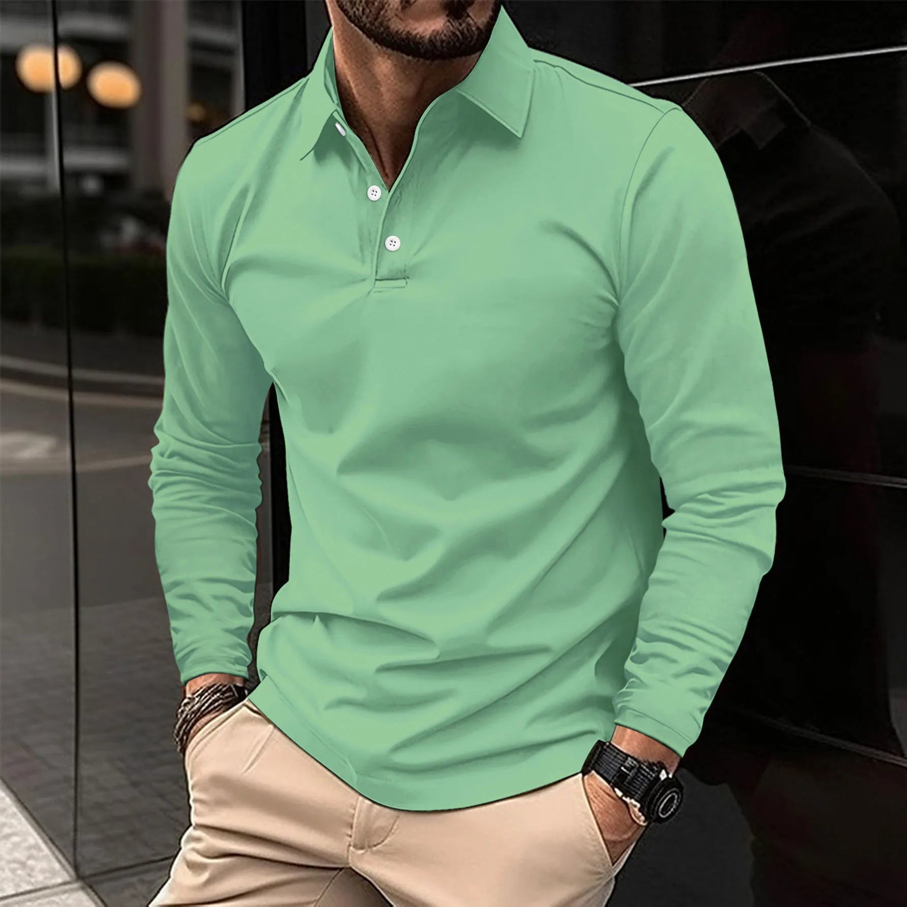 Homme Polo Manches Longues avec Col Classique Slim Fit