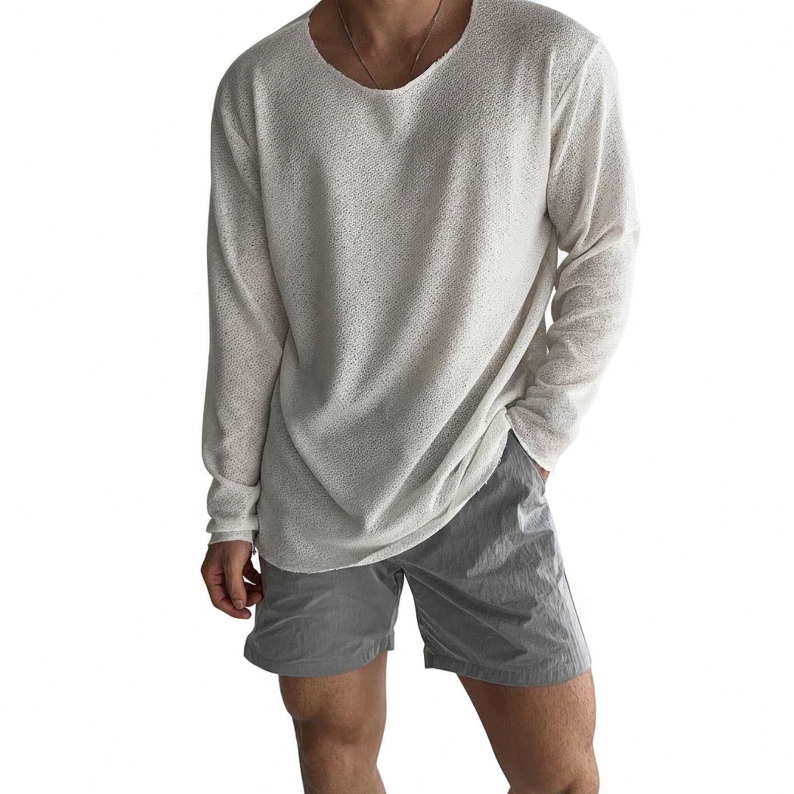 Homme Pull Léger Manches Longues avec Col Rond et Coupe Oversize