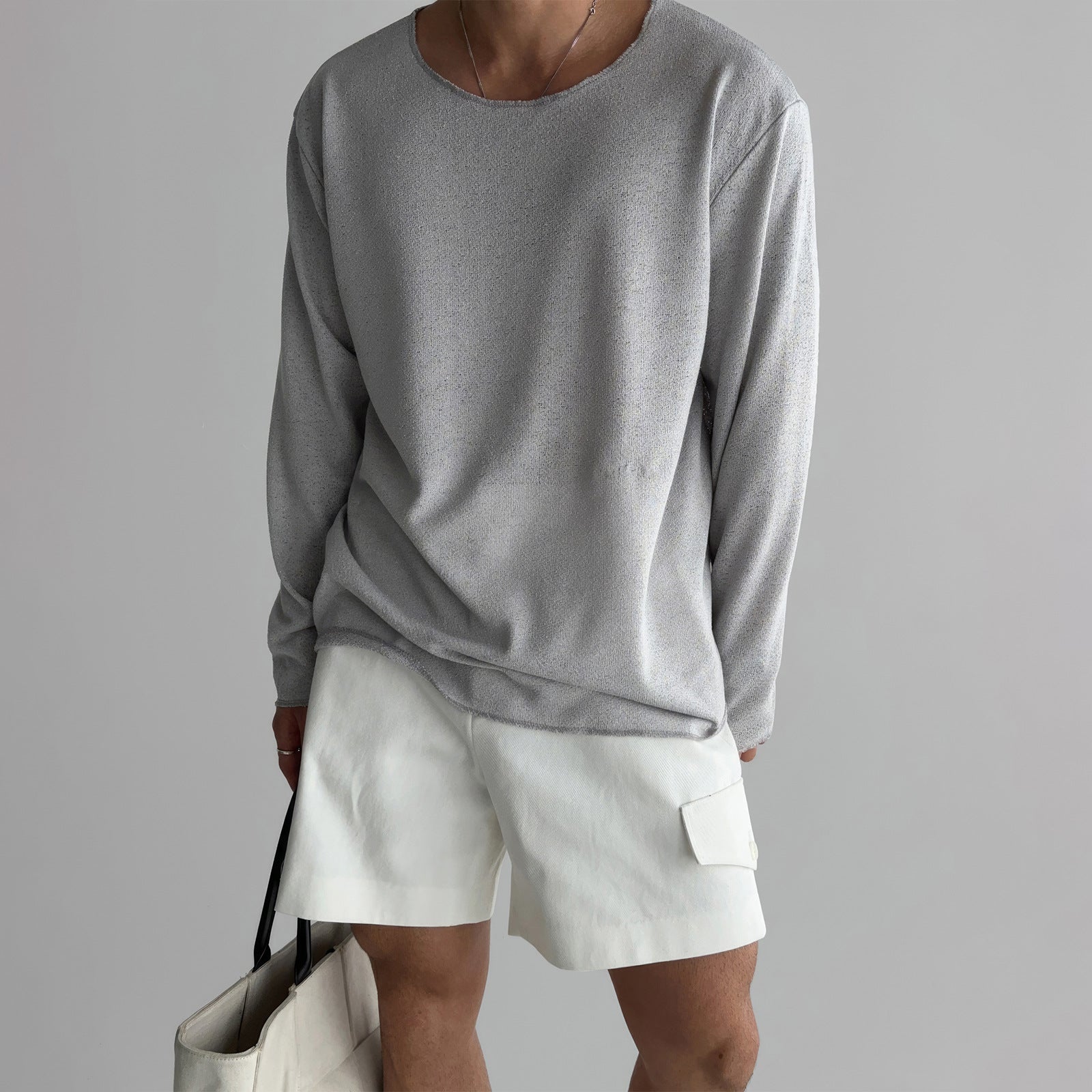 Homme Pull Léger Manches Longues avec Col Rond et Coupe Oversize